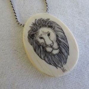 Vintage Scrimshaw Lion Pendant Necklace, Signed